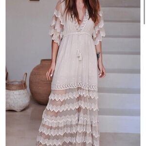 Salty crush JAASE Bungalow Maxi Dress boho Lace Deep V Neck hippie whimsy sz 16